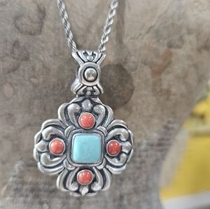 Malcolm Gray Sterling Silver Pendant Turquoise & Coral Twist Chain Southwestern
